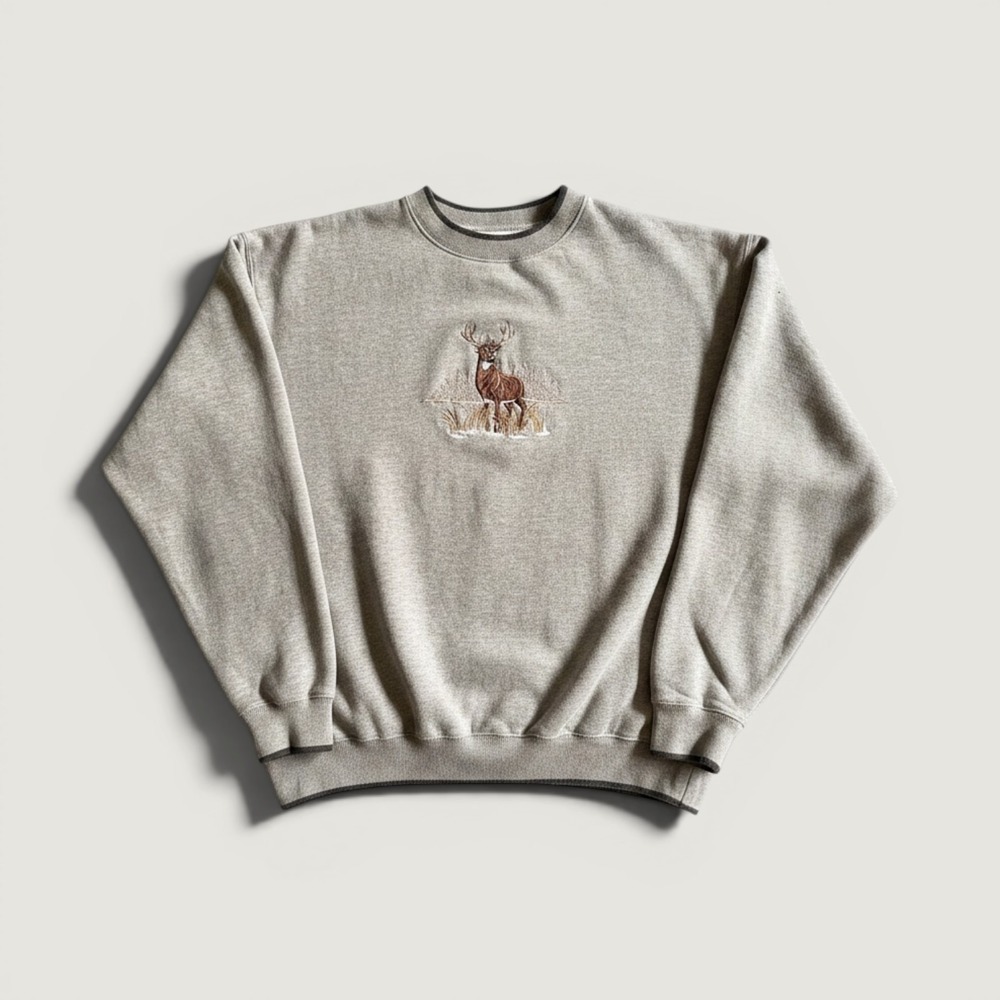 MC Sport Sweatshirt Mens XL Gray Crewneck Fleece Pullover Deer Buck Embroidered